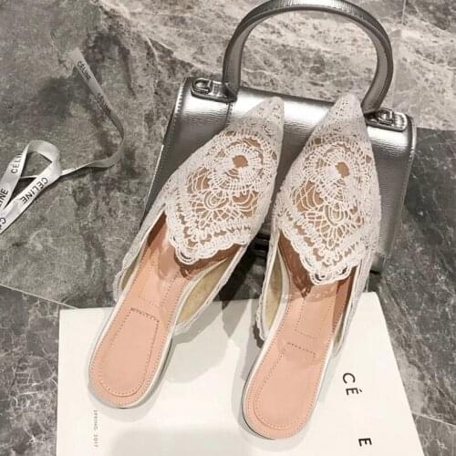 Half Slippers For Women 2021 New Summer White Lace Pointed Toe Flat Muller Shoes Casual Flats Slippers Hollow Outs Flip Flops