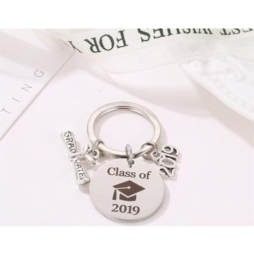 Graduation Souvenir Black Trencher Cap Graduate English Words Round Stainless Steel Key Chains for Women & Men & Students