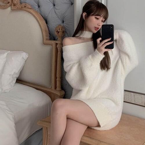 Mink Cashmere Sweater Women Autumn Winter Fashion Halter Strapless Lantern Sleeve Casual Solid Mohair Pullover Sweater Dress2021