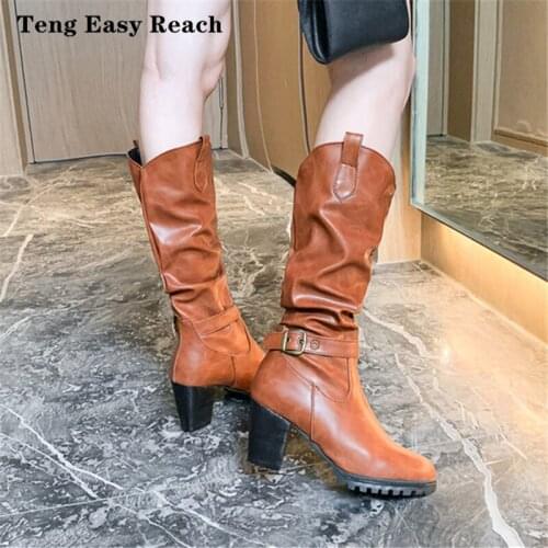 Women Leahter Knee High Boots Fashion Folding Slip on Winter High Boots Casual Heels Black Long Slim Boots Ladies 2020