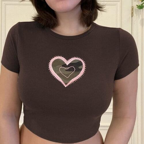 Heart Embroidery Y2K Aesthetic 90s Crop Tops Women Crewneck Harajuku Casual Brown Tshirts Vintage Fashion Shirts