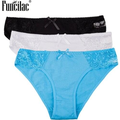 FUNCILAC Womens Underwear Sexy Transpare Lace Briefs Breathable Seamless Panties Cotton Ladies Bikini Lingerie Porno 3pcs/lot