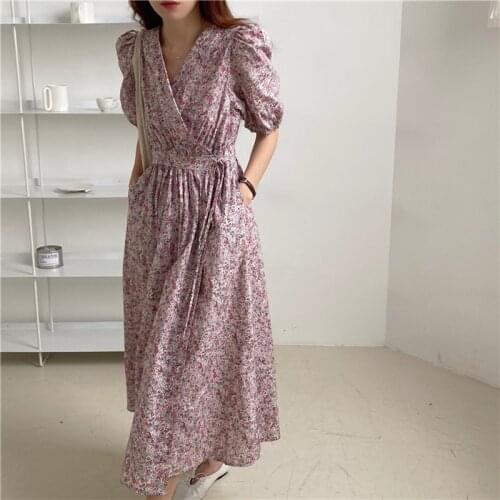 2021 New Casual Summer Dresses Women V Neck Lattern Sleeve Wrap Print Lace Up Robe Dress A-line Fashion Vestidos