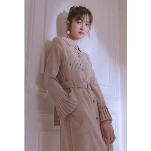 Hstar Elegant Casual Beige Midi Long Flare Sleeve Winter Dress Women Corduroy Pleated Single Breaste Waisted Dresses Robe Hiver