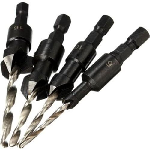 4pcs/set Hex Shank Screw Size #6 #10 #13 #16 Tapered Countersink Cone Hole Saw HSS Drill Bit Woodworking Tools set