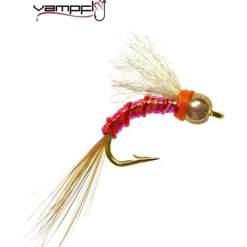 Vampfly 8PCS #12 Brass Bead Midge Sinking Fly Fishing Lure Rainbow Brown Brook Trout Grayling Fishing Bait Lure with Copper Bead