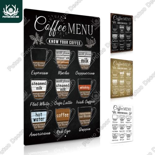 Putuo Decor Coffee Menu Vintage Aluminum Sign Plaque Metal Tin Sign Restaurant Wall Decor for Cafe Bar Decoration Metal Poster