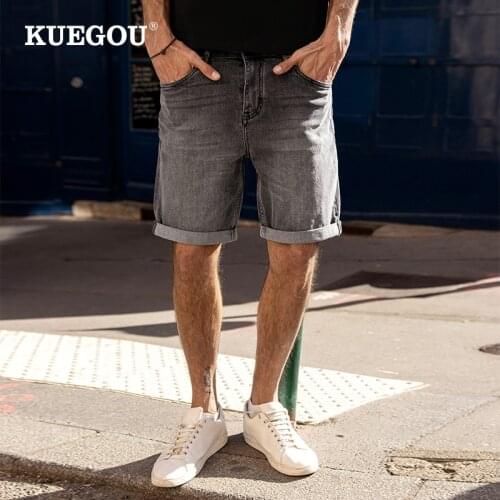 KUEGOU 2021 Cotton Mens Jeans Short Vintage Wear Stretch Fashion Denim Pants Shorts High Qualit Summer Trousers Plus Size 3033