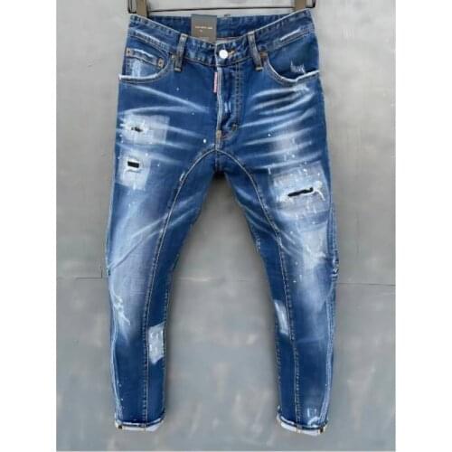 New Tattered Paint Stitching Mens Slim Stretch Jeans Light Blue Embroidered Motorcycle Pants T137