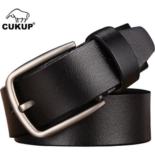 CUKUP Male Simple Design Pin Buckles Metal Belt Accessories Jeans Mens Fashion Striped Genuine Leather 1.5" Wide 2018 NCK677