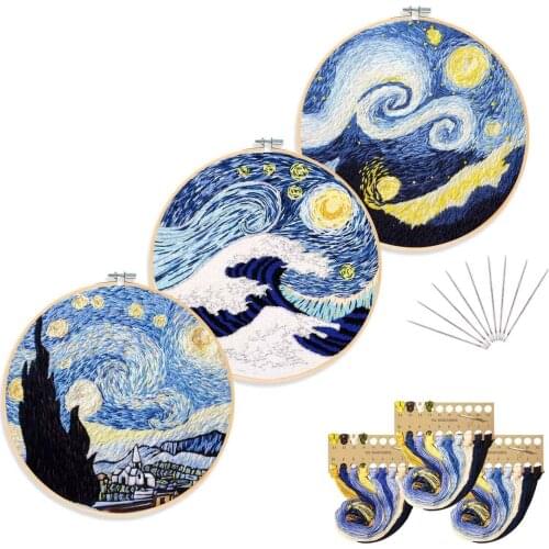 DIY Stamped Embroidery Starter Kit with Landscape Pattern Cloth Color Threads Tools(without hoop) Sewing Art Craft Home Decor