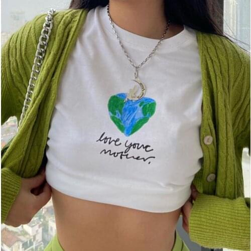 2021 New Summer Womens Heart Print T-Shirts Crop Top Fashion Ladies Short Sleeve Clothes Tops Girls Basic Tee Top Clothing
