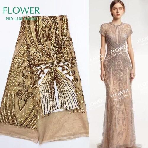 2019 New Arrival Sequins Mesh Laces Wedding Fabrics Gold Sequined Embroidered Tulle Net Laces For Guinea Evening Dress Material