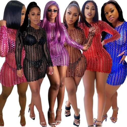 Hollow Out Sexy Party Dress For Women New O-Neck Solid Fashion Clubwear Bodycon Hole Skinny Mini Dresses Hot Selling