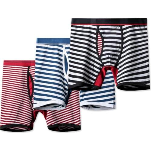 Sexy Men Long Boxer Shorts Striped Cotton Underwear Plus Size Sports Fitness Breathable Elastic Boxershorts Underpants Panties