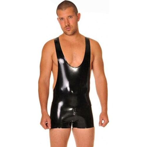 Sexy Men Black Latex Catsuit Gummi Rubber Jumpsuit Tank Vest with Crotch Zipper