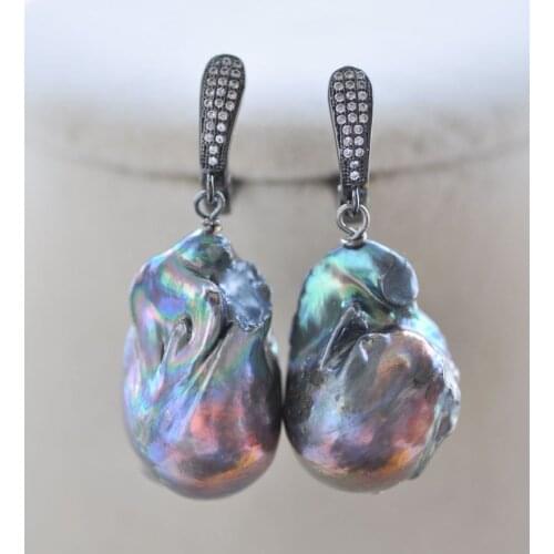 P7396 25mm Peacock-Black Keshi Reborn Pearl Dangle Earring CZ