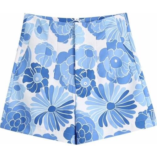 Ladies Fashion Side Pocket Floral Print Bermuda Shorts Retro High Waist Zipper Flying Women Shorts Street Wear