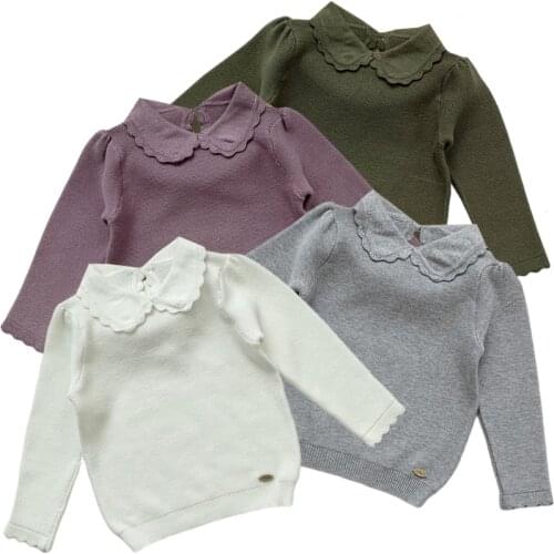 Baby Girls Sweater 2021 Autumn Toddlers Kids Knitted Pullovers Tops Korean Style Pure Color Peter-pan Collar Baby Girls Sweaters