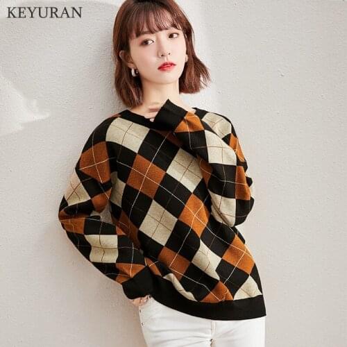 Women Argyle Knitted Sweater Pullover Fashion Ladies Autumn Winter Loose Sweaters Korean Women Bottoming Knitwear Tops Jumper