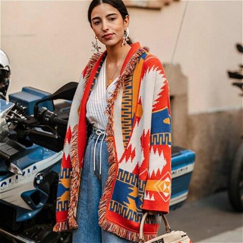 TEELYNN Ethnic Fringe Tassel Cardigan Jacket Coat For Women Vintage Jacquard Cashmere Sweaters Autumn Winter Warm Overcoat Boho