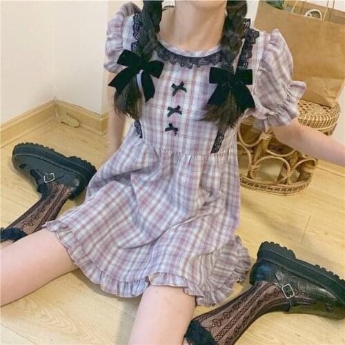 Japanese Kawaii Purple Plaid Dress Women Vintage Sweet Ruffle Short-sleeved Dress College Style Cute Holiday Lace Midi Dress New