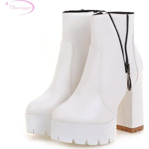 Chainingyee street style round toe ankle boots fashion zipper platform white red yellow black high-heeled womens riding boots