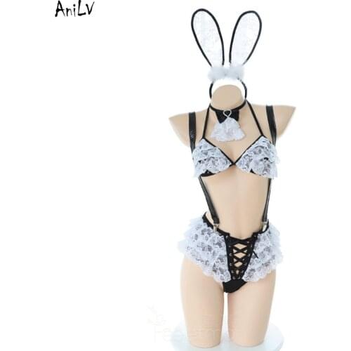 AniLV Summer Beach Bunny Girl Lace Bikini Swimsuit Costumes Waist Cross Straps Swimwear Uniform Set Pool Party Cosplay