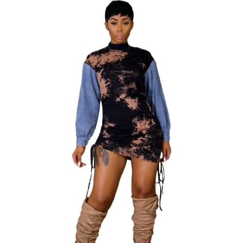 2021 Spring New Arrivals Women Patchwork Mini Dresses Ladys Turtleneck Long Sleeve Drawstring Lace-up Casual Dress