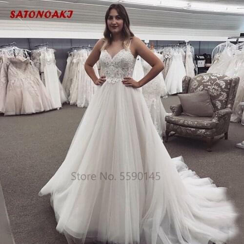 Boho Lace Tulle Wedding Dress Spaghetti Straps Open Back Appliques A-Line Garden Bride Gown Vestido De Novia 2020 Online Shop