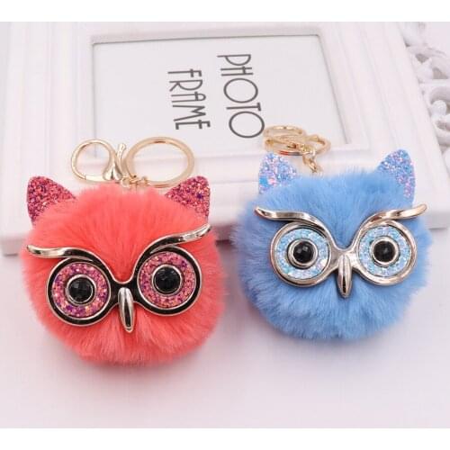 1PCS Cute Fashion Women Handicraft Gold Dust Owl Fur Cony Hair Ball Pom Pom Charm Car Keychain Handbag Key Ring Pendant