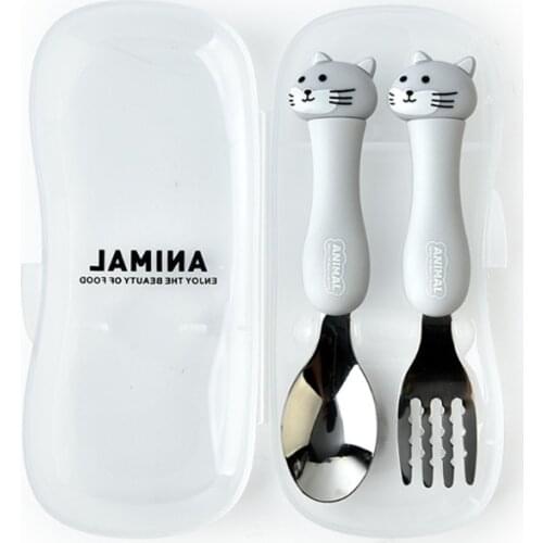 N84E 2 Pcs Cartoon Cute Spoon Fork Set Stainless Steel Baby Tableware Training Learning Feeding Scoop Fork Utensils