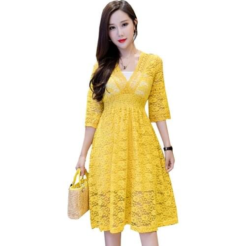 2020 summer large size loose V-neck openwork lace dresses womens medium long section waist thin high-end A word dress fairy