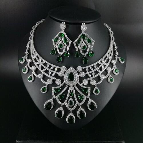 2021 new fashion luxury green water drop zircon necklace earring set,wedding bride dinner party dress jewelry free shipping