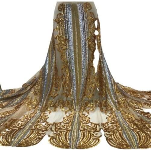2021 Gold 5Yards Soft African Sequins Organza Lace Fabric High Quality Nigerian French Mesh Tulle Lace Fabrics For Sewing Dress