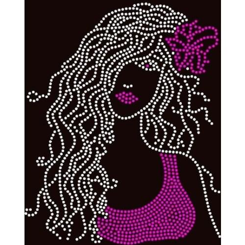 Free shipping Long Hair Girl with bow (Fuchsia) Rhinestone Transfer