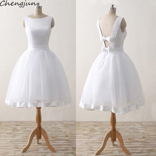 Chengjun Cheap Pure White Open Back Tulle Short Simple Wedding Dresses