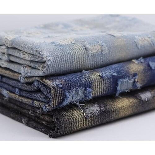 Jeans Fabric Gold Foil With Broken Holes After Washed Denim Thick DIY Coat Dress Pants Suits Handmade Crafts Telas 50X150cm