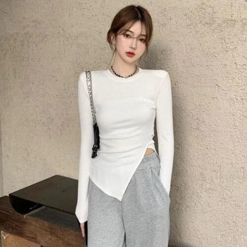 Autumn Spring Women O-neck Long Sleeve Cotton T-shirts Tees Girls Solid Slim Side Split Tees T shirts Tops For Female
