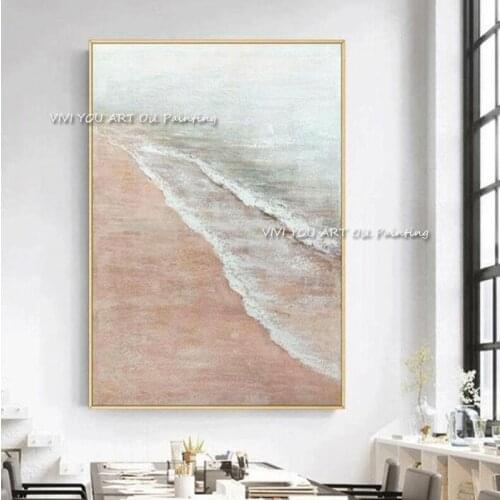 The Top Sales Hand-painted Original Pink Water Abstract Modern Thick Oil Painting Home Decor Canvas Wall Art Beach Sea Wave