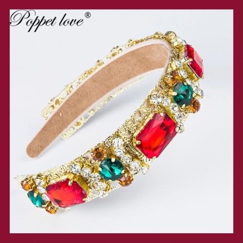 Fashion European Vintage Baroque Headband Full Colorful Crystal Rhinestone Hairbands Gold Leaves Crown Pearl Hair Jewelry