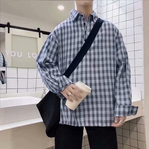 Mens Pullover Shirt M-2Xl Spring Plaid Shirt Mens Fashion Retro Casual Shirt Men Streetwear Wild Loose Long Sleeve Shirts