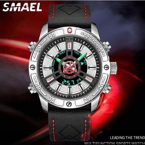 SMAEL Men Military Sports Wrist Watch Gold Quartz Leather Waterproof Dual Display Male Clock Watches Relogio Masculino 2021 New