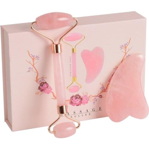 Natural Jade Roller Jade Stone Gua Sha Set Rose Quartz Board Face Massager Facial Roller Anti Aging Massage for Back Body Neck