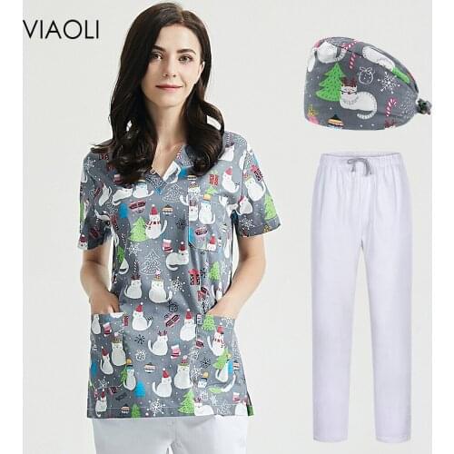 New Multicolor cotton Animal flower print uniform beauty salon Scrubs women work-wear lab uniform pet shop Scrub uniform clothes