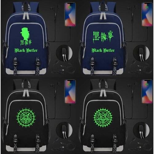New Green Luminous Fashion Anmie Cartoon Black Butler USB Boy Girl Book School bag Women Teenagers Men Laptop Backpack Packsack