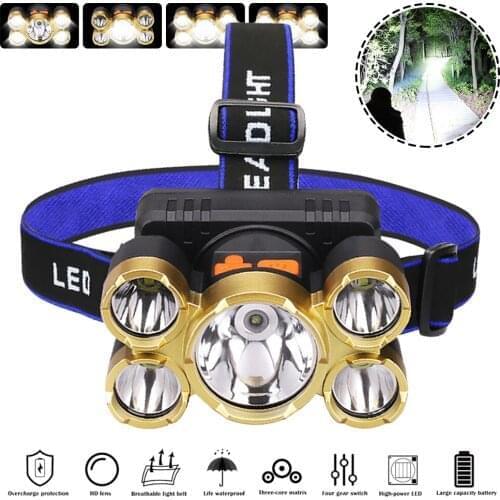 Drop Shipping 5LED With + Built-in 18650 Battery USB Rechargeable Portable Flashlight Lantern Headlamp Outdoor Camping Headlight