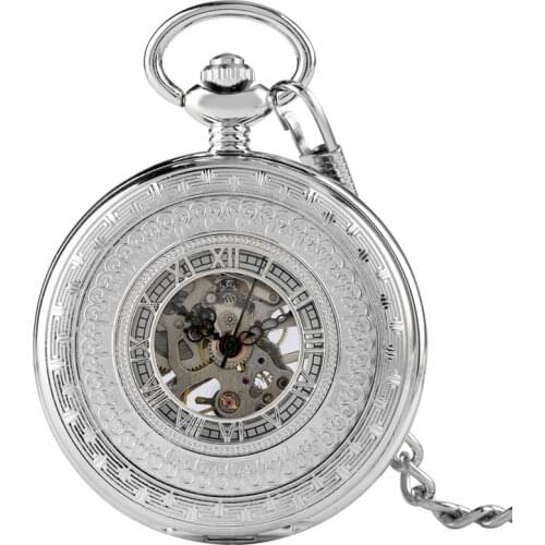 Luxury Silver Mechanical Pocket Watch Unisex Hand Winding Roman Numerals Display Pendant Chain Skeleton Clock Souvenir Gifts