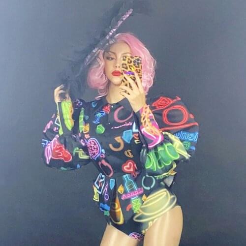 Nightclub Print Shirt Short Lace Cap Women Dancer Show Outfit Bar Stage Dance Costumes Rave Clothes Birthday Party Wear DNV13524