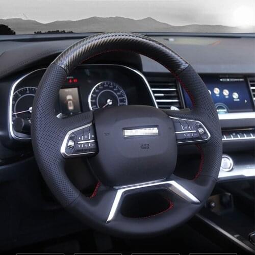 SmRKE For Haval H6 H4 H2S Hand-stitched Anti-Slip Carbon Fibre Black Leather DIY Steering Wheel Cover